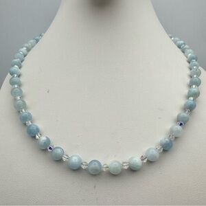Elegant New Aquamarine Beaded Necklace with Crystal Accents Silver Toggle